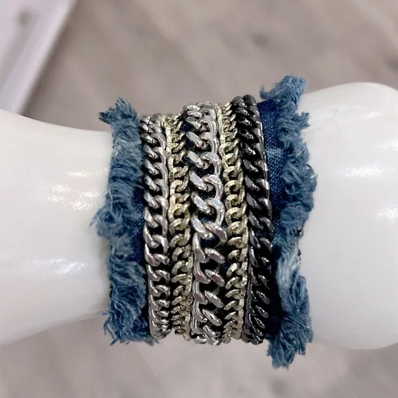Multi Link Multi Finish Frayed Denim Bracelet - Picture 7 of 10